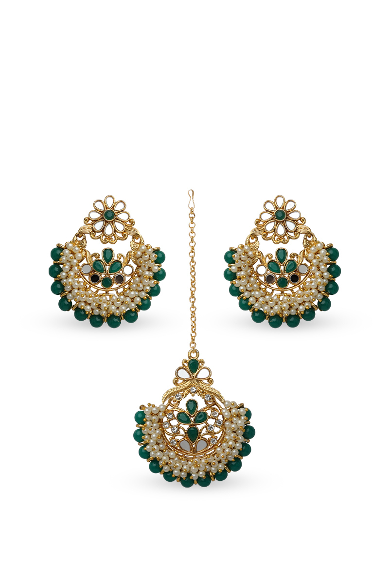 Green Beaded Pearl Tikka and Gold Plated Earrings Set