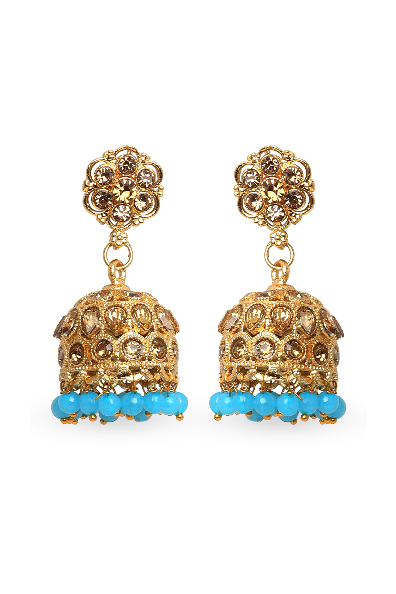 Stone Studded Jhumka Earrings With Sky Blue Beads