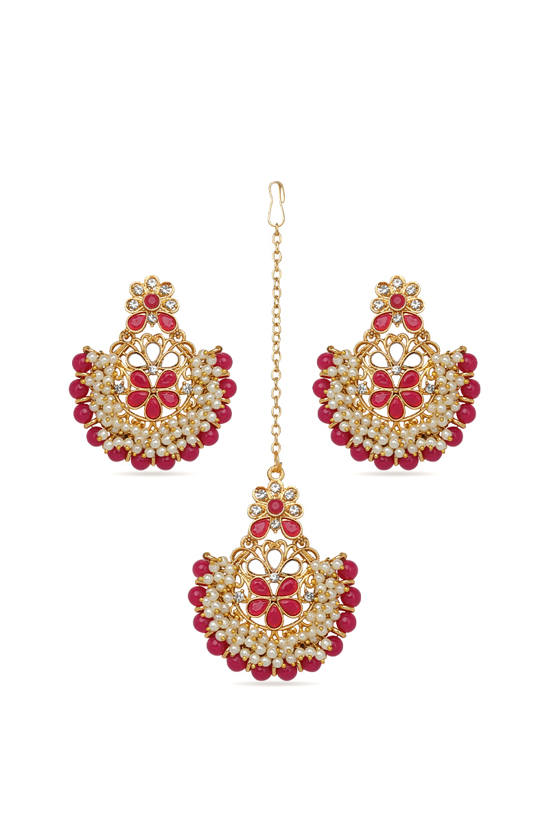 Magenta Beaded Pearl Tikka and Gold Plated Earrings Set