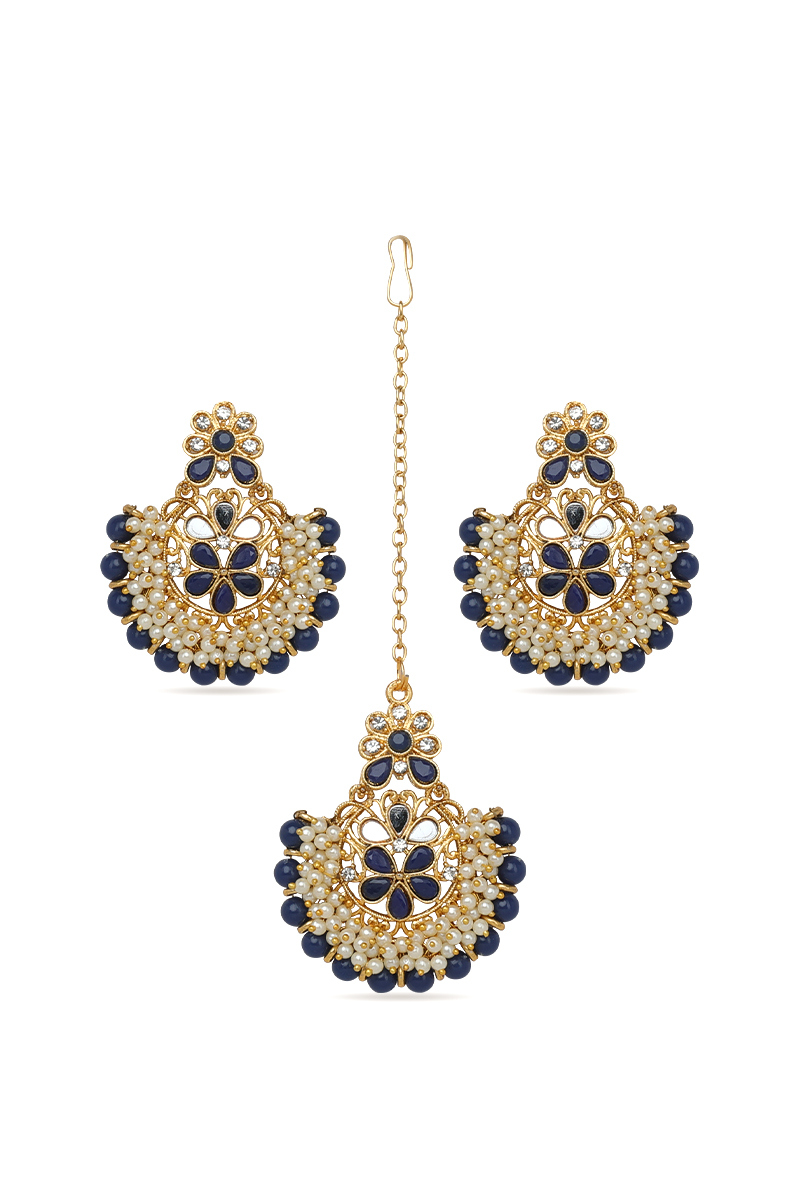 Dark Blue Beaded Pearl Tikka and Gold Plated Earrings