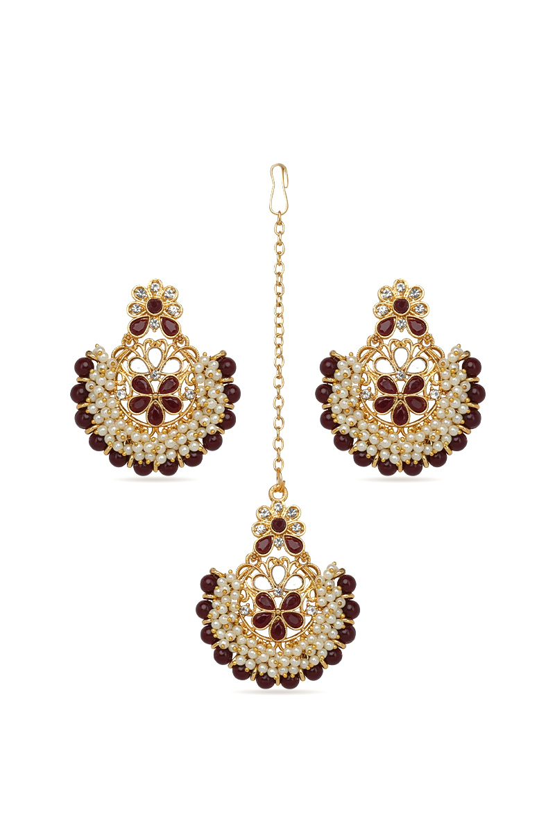 Stone Studded Maroon Pearls Chandbali Earrings With Maangtika