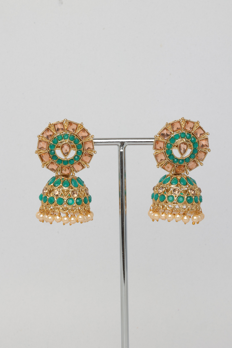 Green Stone Studded Jhumkas With Cream Beads
