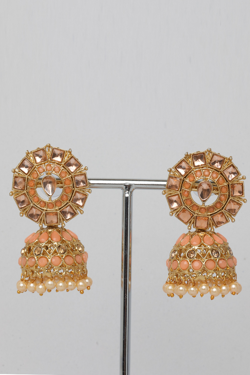 Peach Stone Studded Jhumka Earrings With Cream Beads