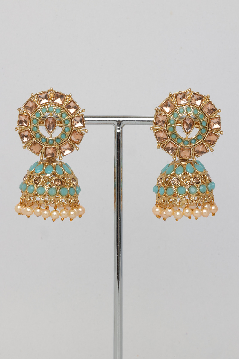 Seafome Green Stone Jhumka Earrings With Cream Beads
