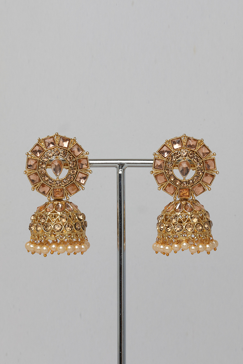 Light Pink Stone Studded Jhumka Earrings With Cream Beads