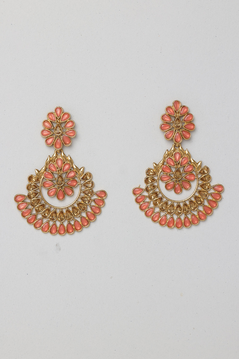 Salmon Pink Stone Studded Chandbali Earrings