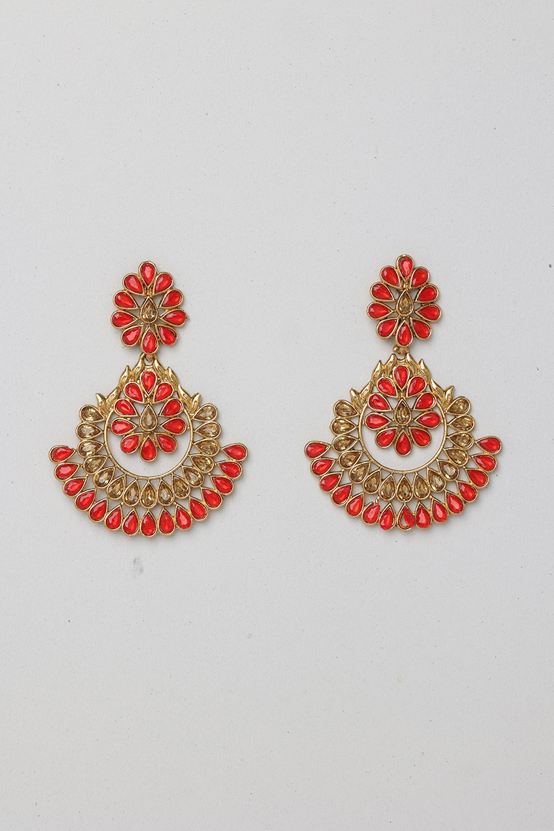 Red Color Stone Studded Chandbali Earrings
