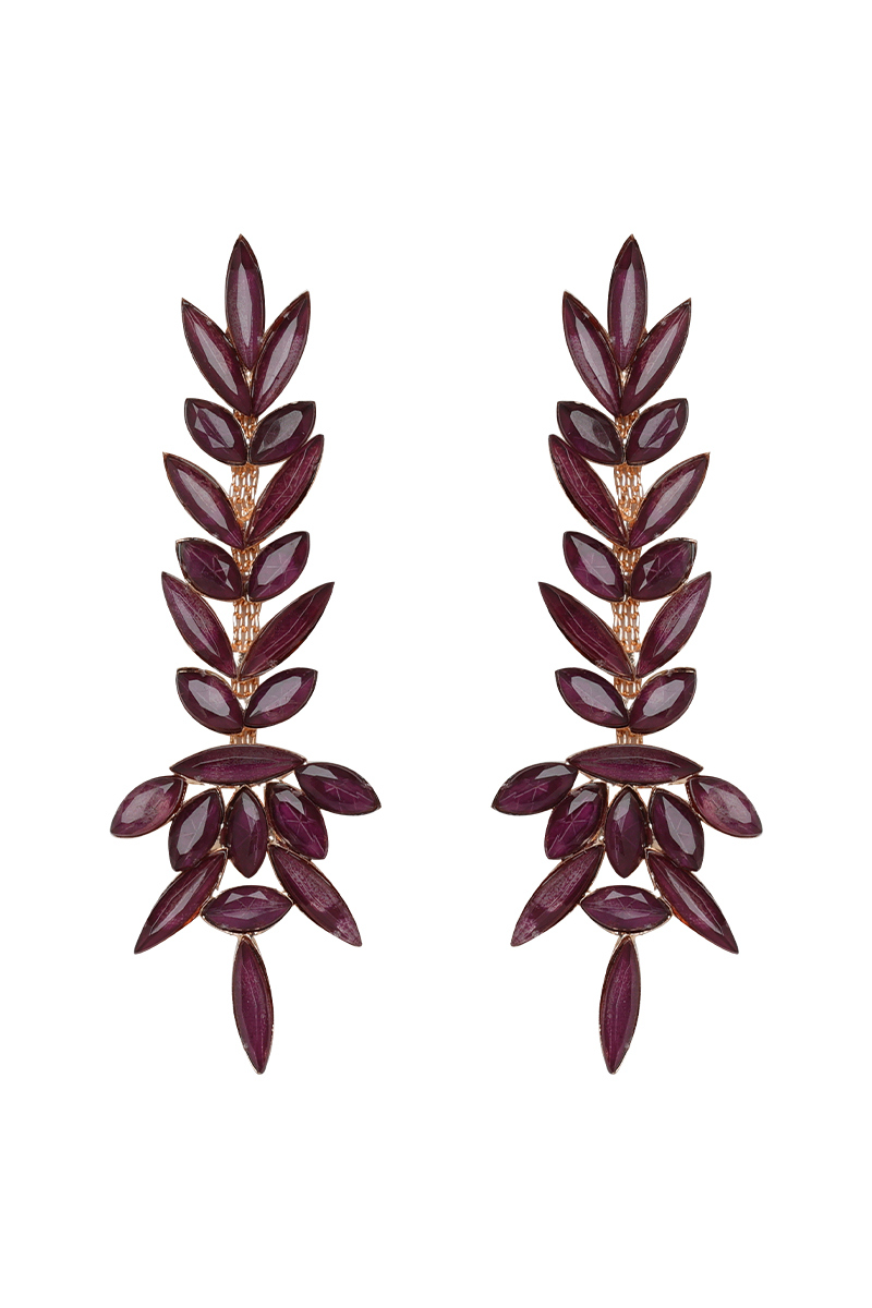 Burgundy Purple Stone Embellished Copper Drop Earrings