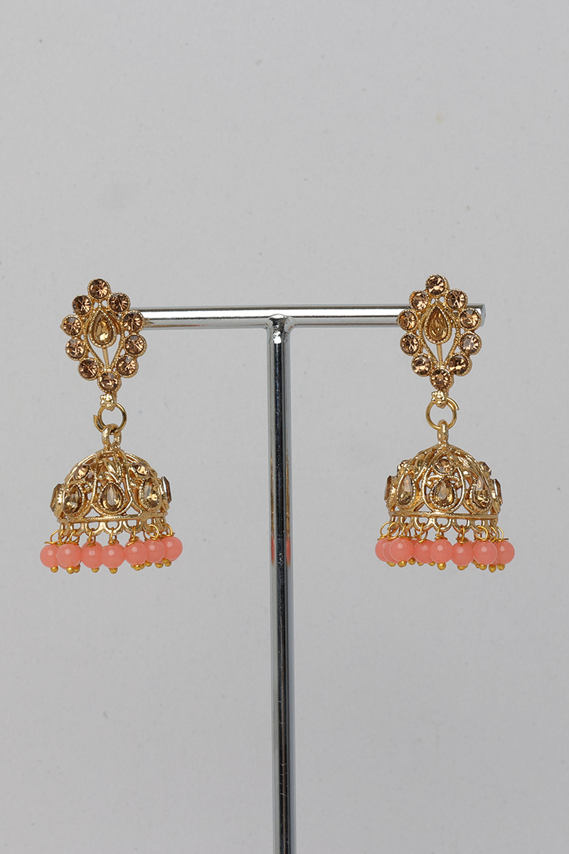 Stone Studded Jhumka Earrings With Salmon Pink Pearls
