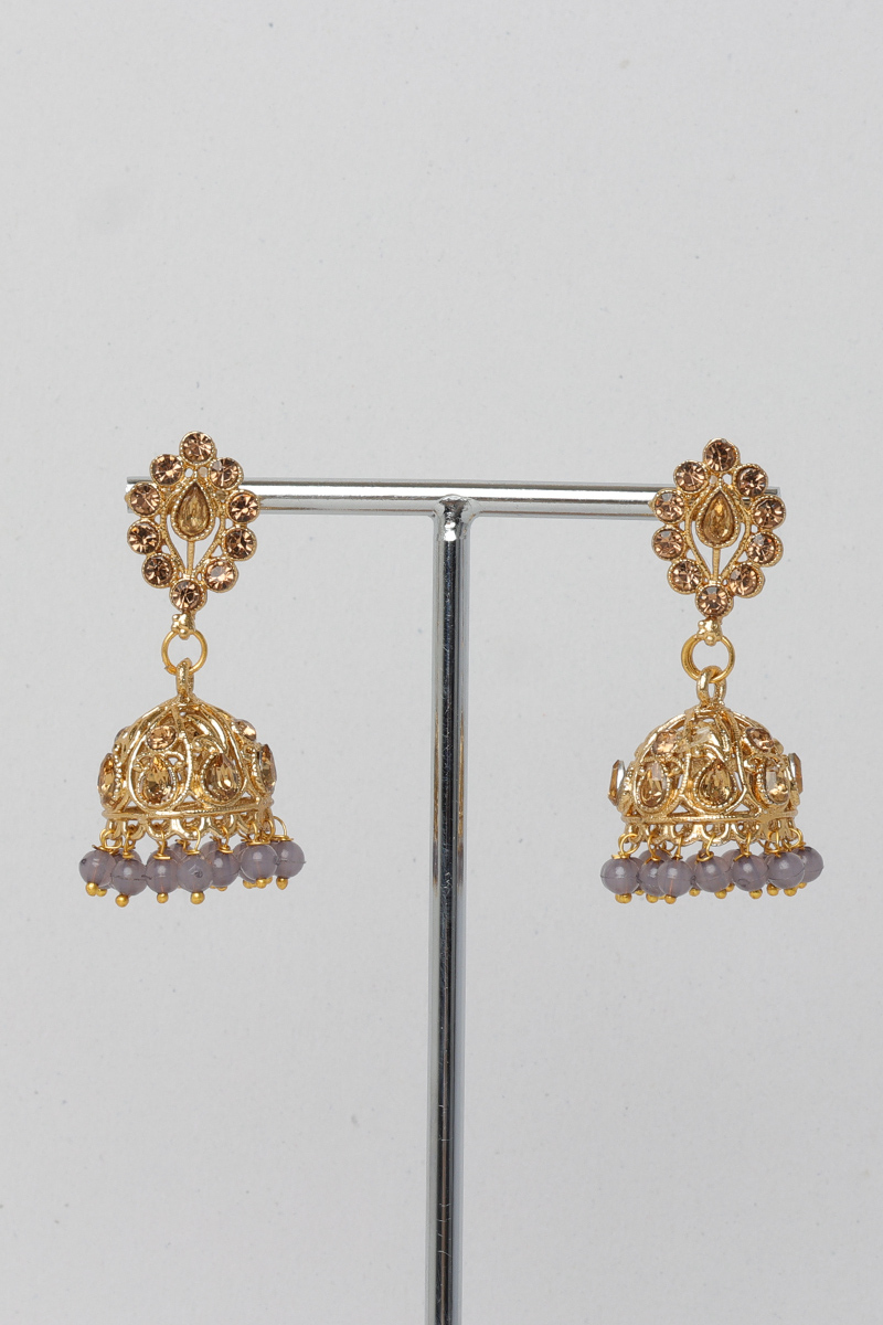 Stone Studded Jhumka Earrings With Dark Grey Pearls