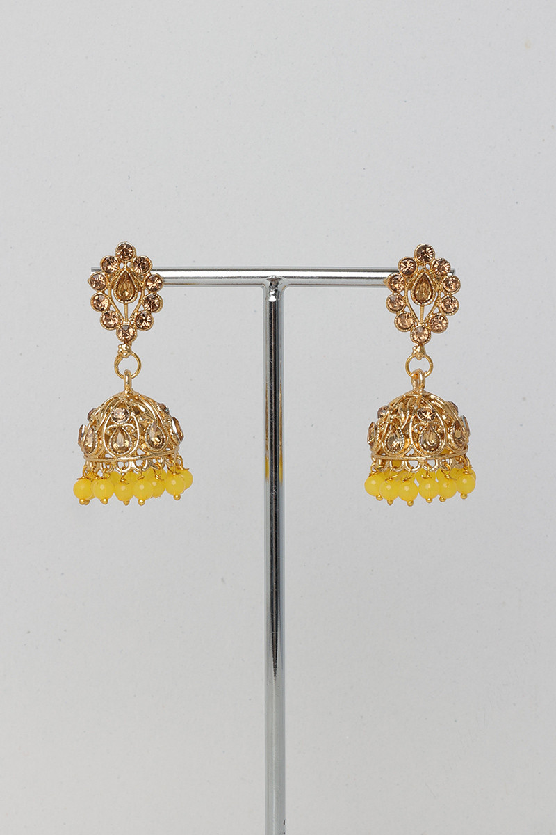 Stone Studded Jhumka Earrings Gold Color Rubber Closure JWL83335