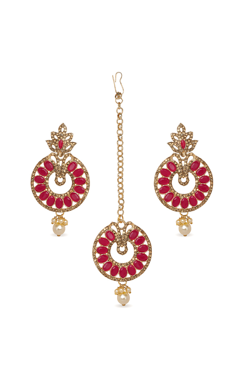 Elegant Gold Plated Drop Earrings with Maangtika Set