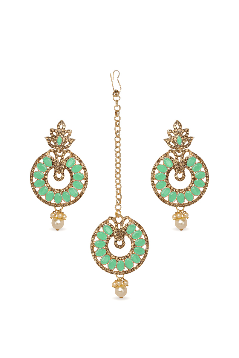 Stone Studded Earring with Beads, Pearls & Maangtika