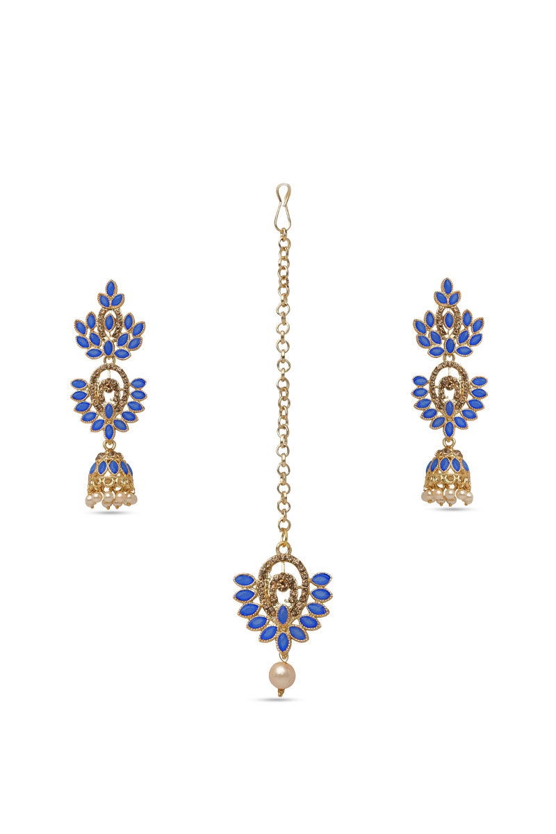 Royal Blue Stone Studded Pearl Jhumkas With Maangtika