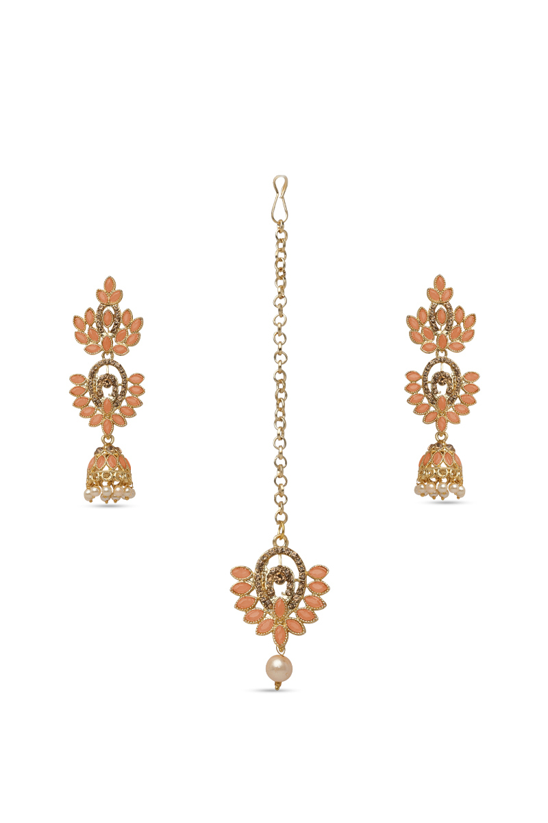  Peach Earrings with Maangtika Jhumka