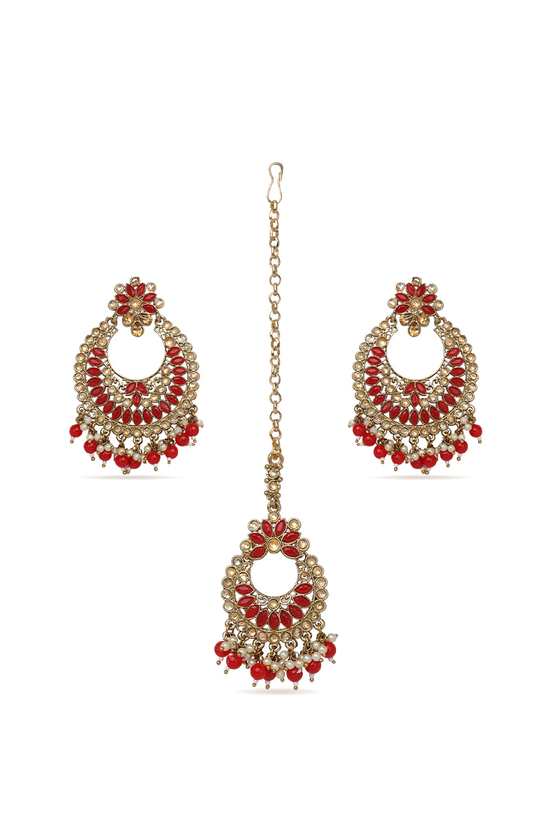 Red Stone & Kundan Pearl Earrings Gold Plated with Maang Tikka