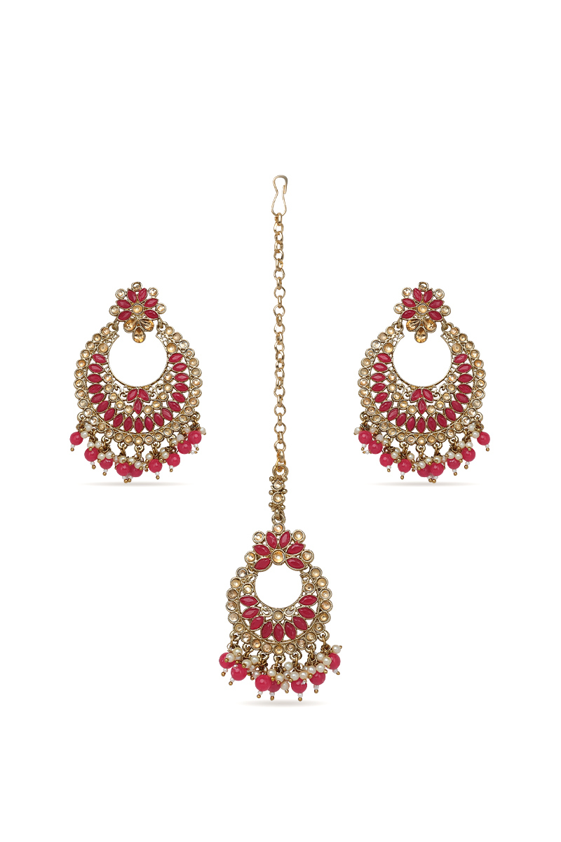 Magenta Stone & Kundan Pearl Gold Plated Earrings with Mang Tikka