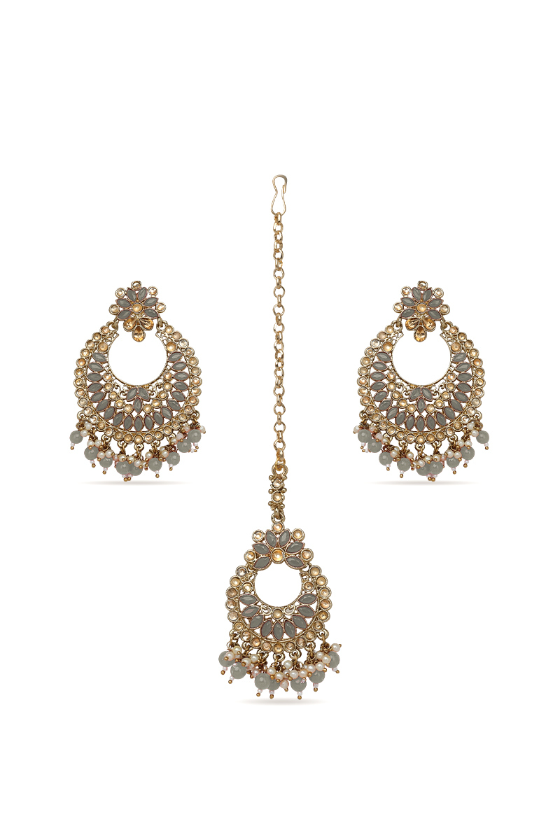 Grey Stone & Kundan Pearl Gold Plated Earrings with Maang Tikka