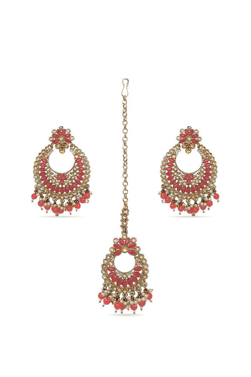 Pink Stone Studded Chandbali Earrings and Maangtika with Cream Beads