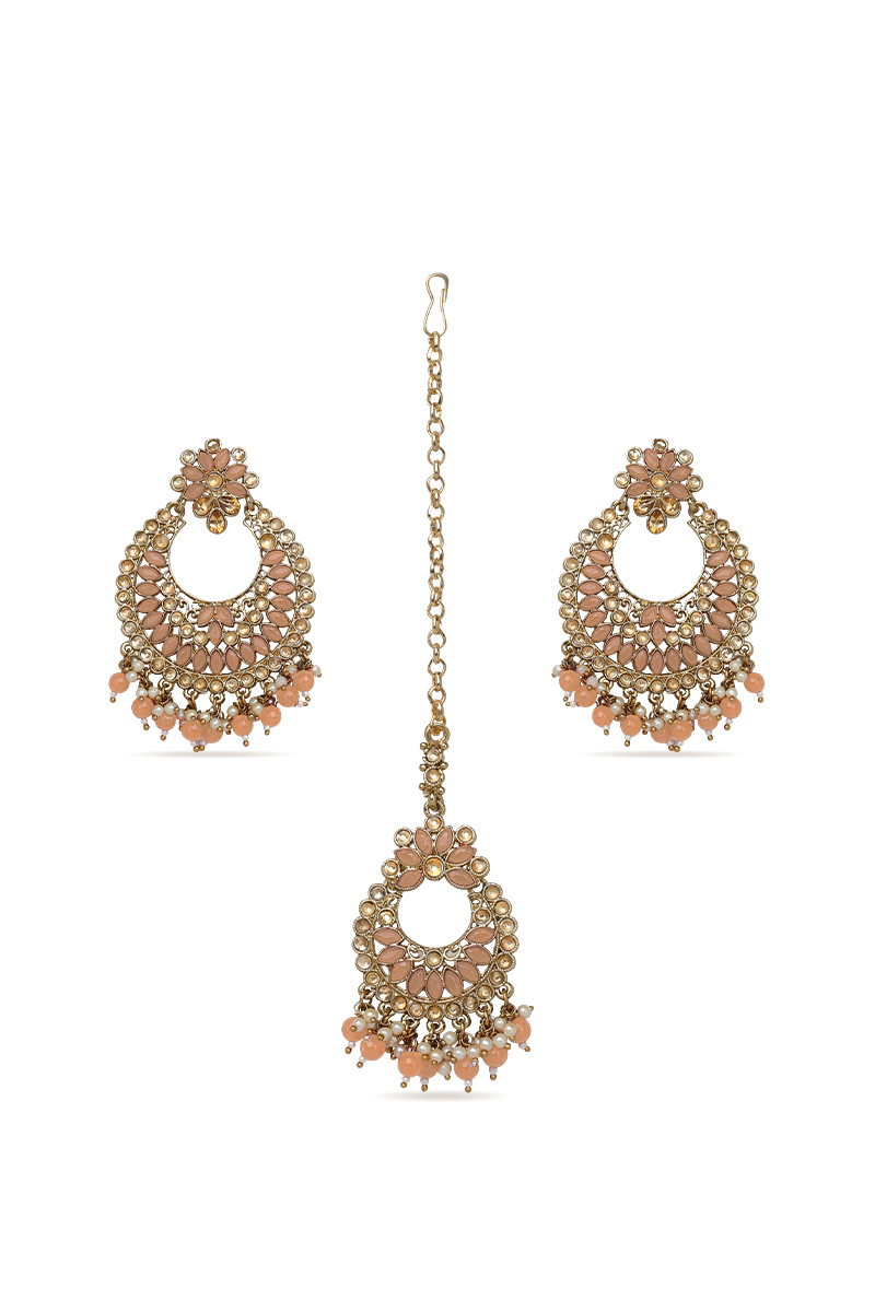 Peach Color Stone & Kundan Pearl Gold Plated Earrings Mang Tika Set