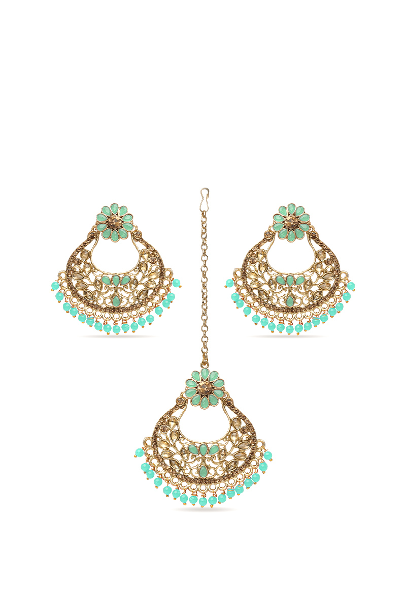 Seafoam Green Stone & Pearl Gold Plated Earrings with Maang Tikka