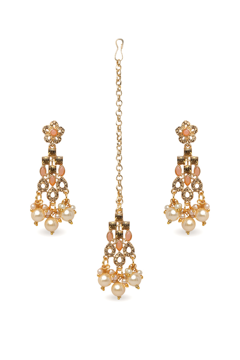Peach Stone & Pearl Gold-Plated Chandelier Earrings with Mang Tikka