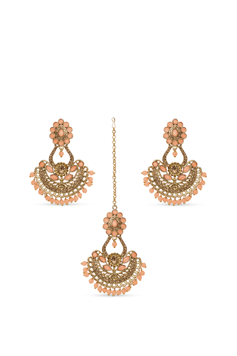 Peach Stone & Pearl Gold Plated Chandbali Earrings with Mang Tika