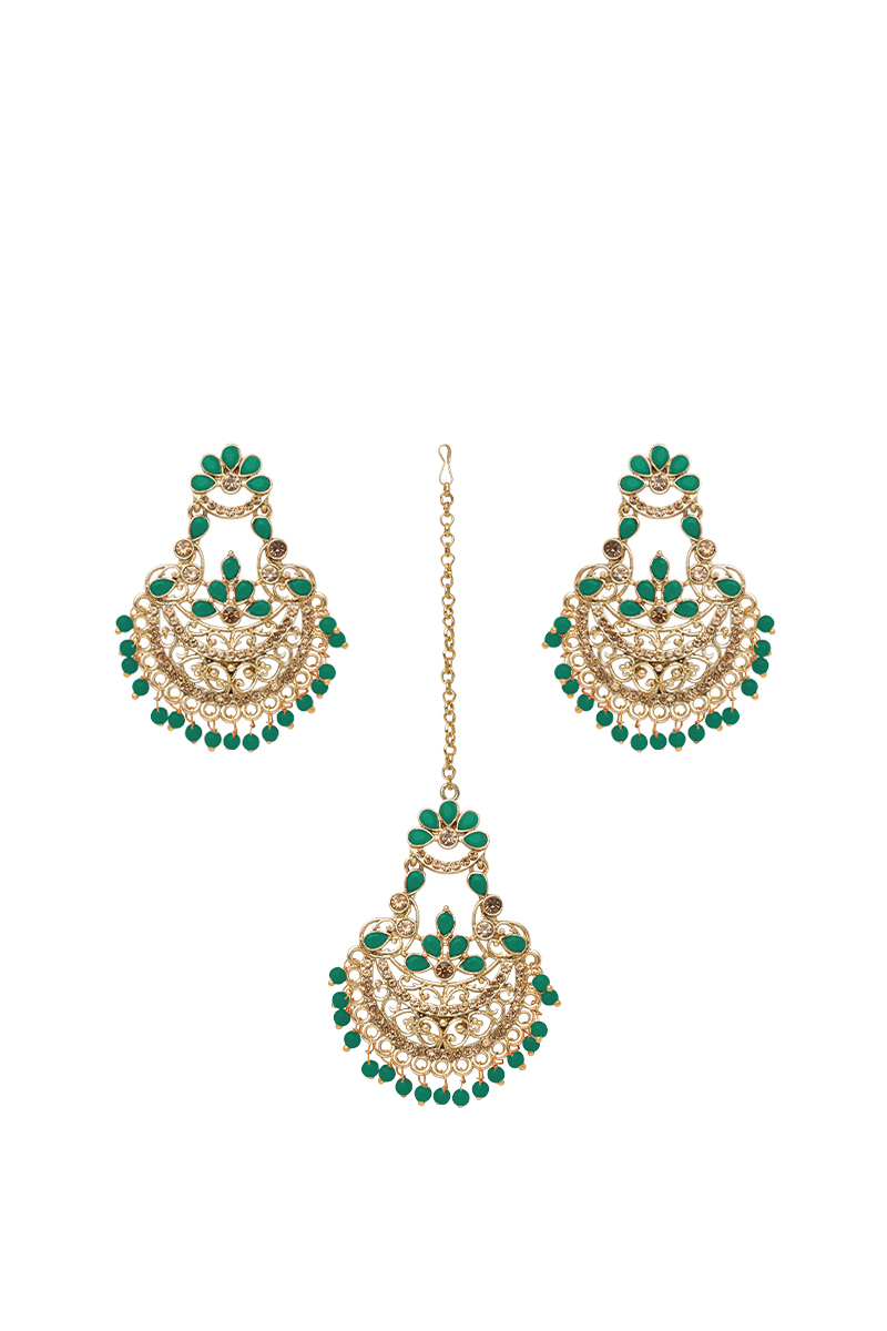 Peacock Green and Gold Color Stone Studded Earrings and Tikka Set