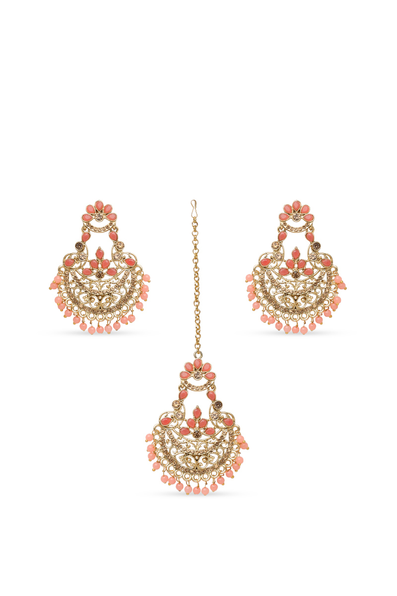 Pastel Pink Beaded Kundan Maang Tikka & Earring Set