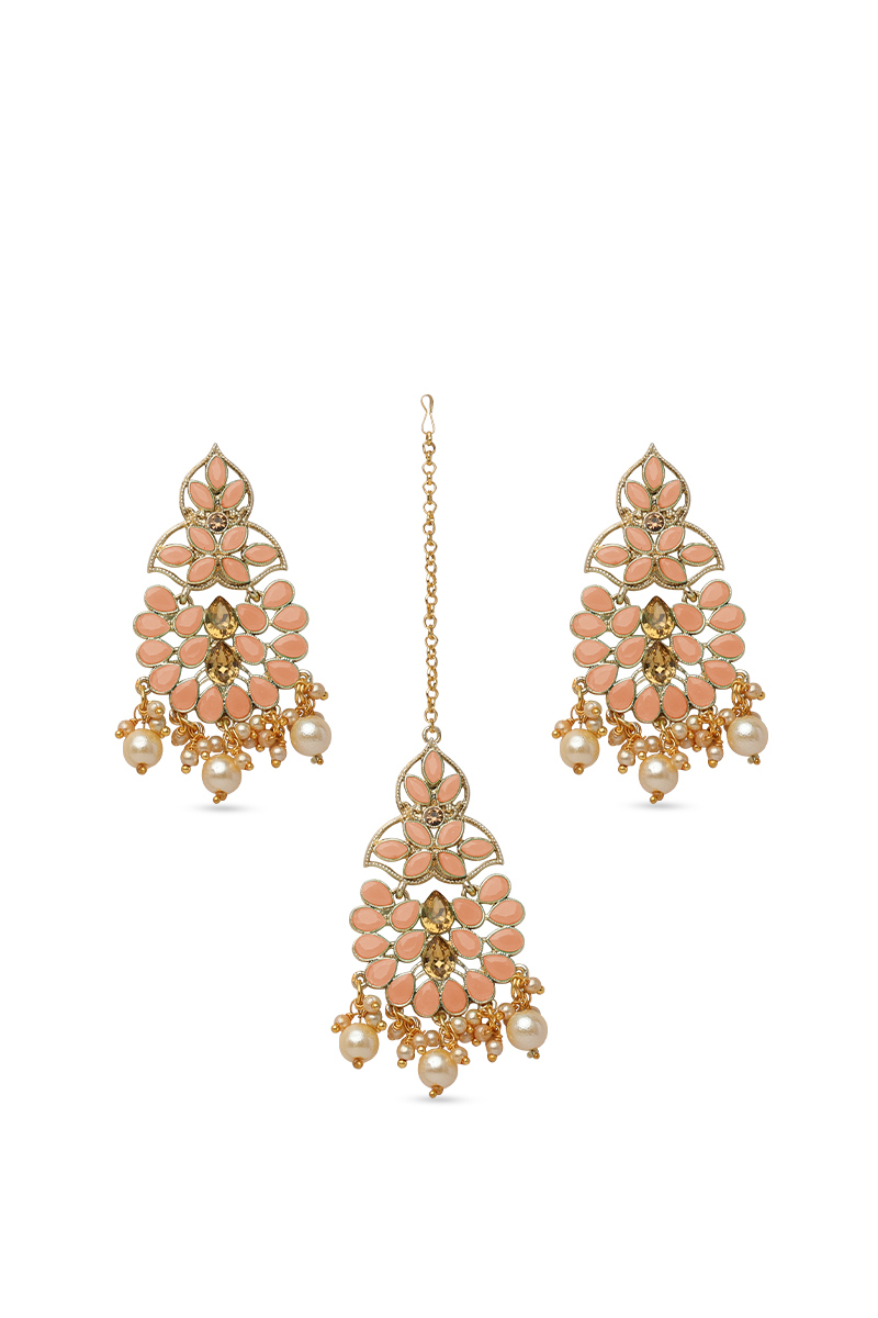 Peach and Gold Color Stone Studded Earrings and Tikka with Cream Pearls