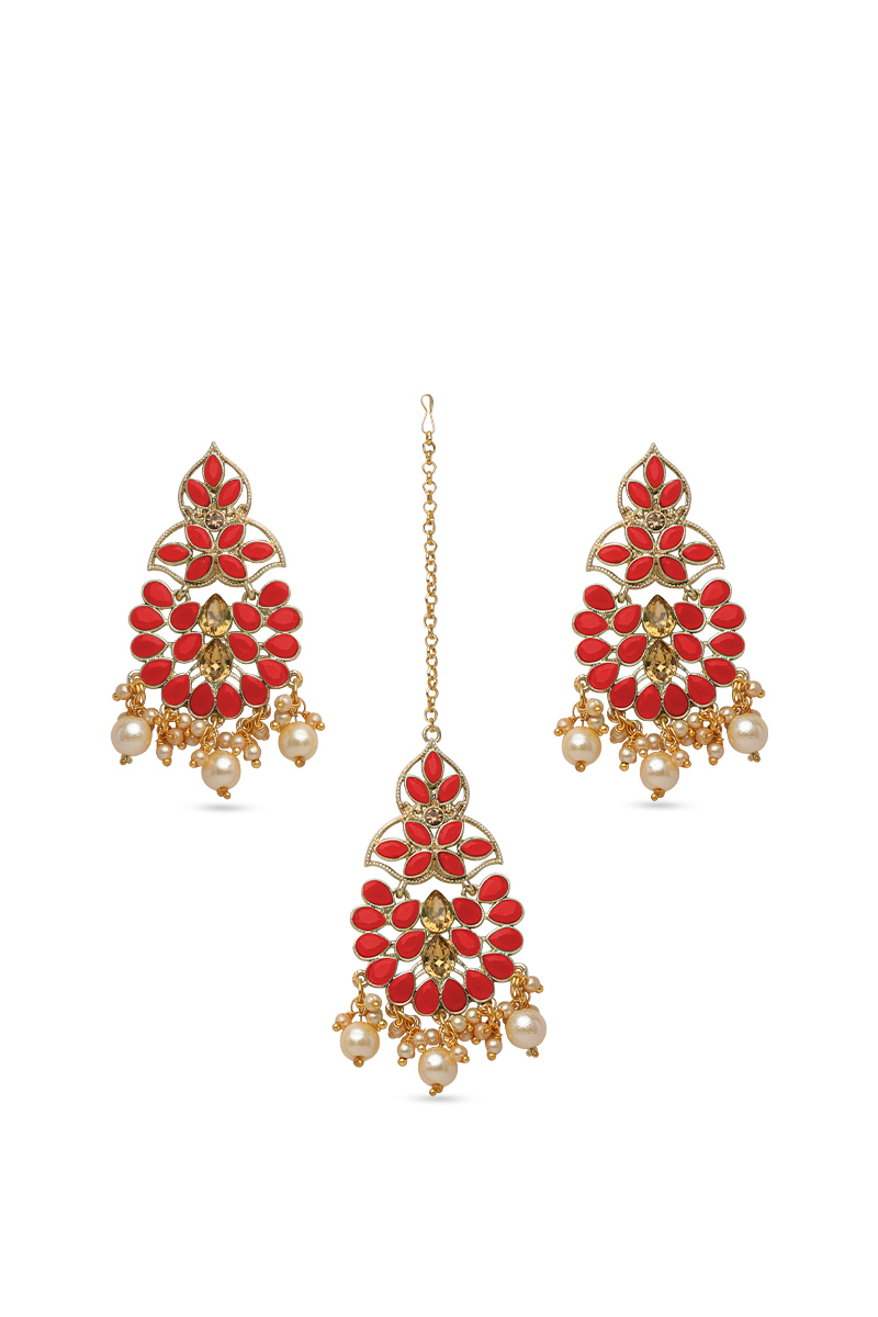 Tomato Red and Gold Color Stone Studded Earrings with Maangtika