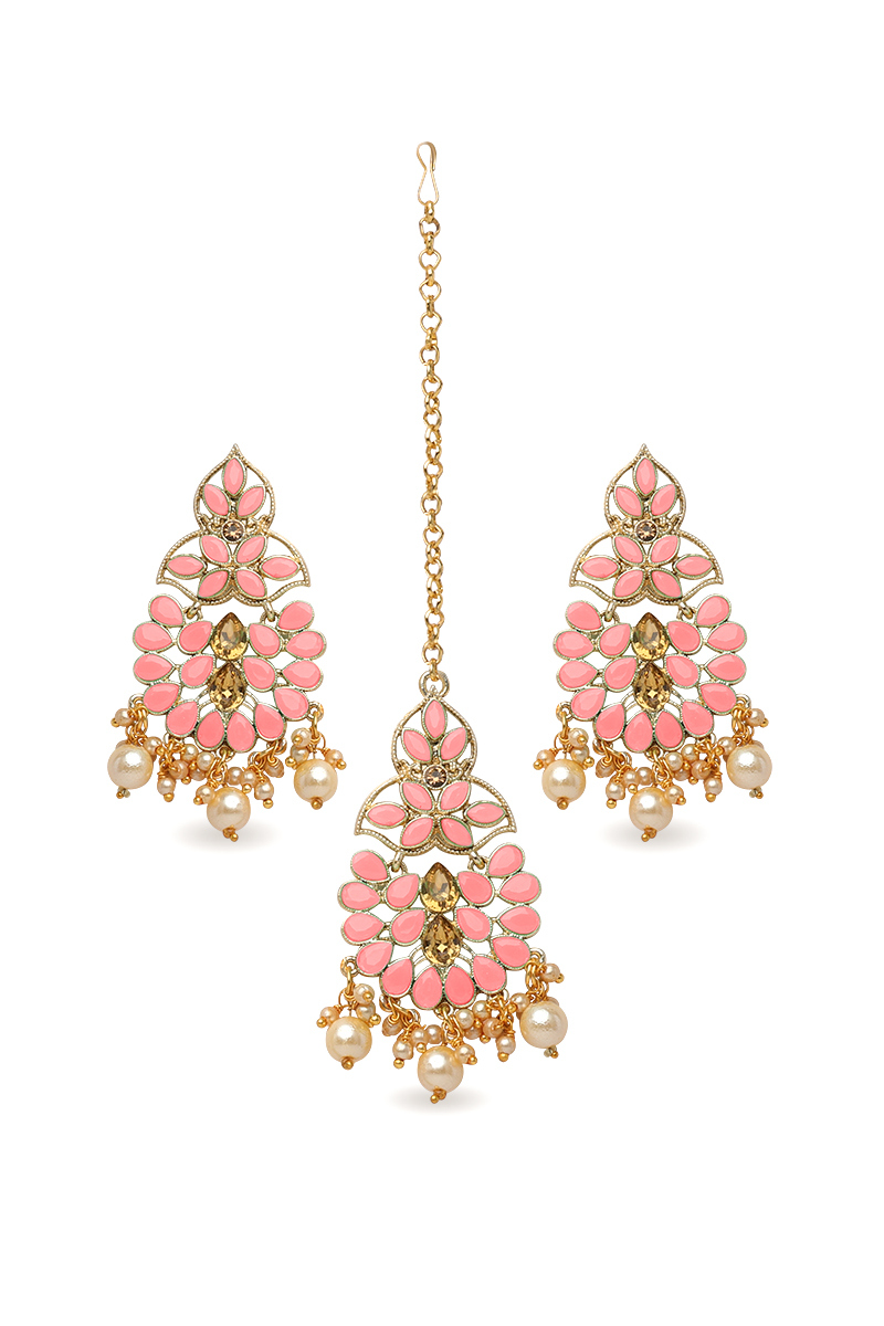 Light Pink and Gold Color Stone Studded Earrings with Maangtika