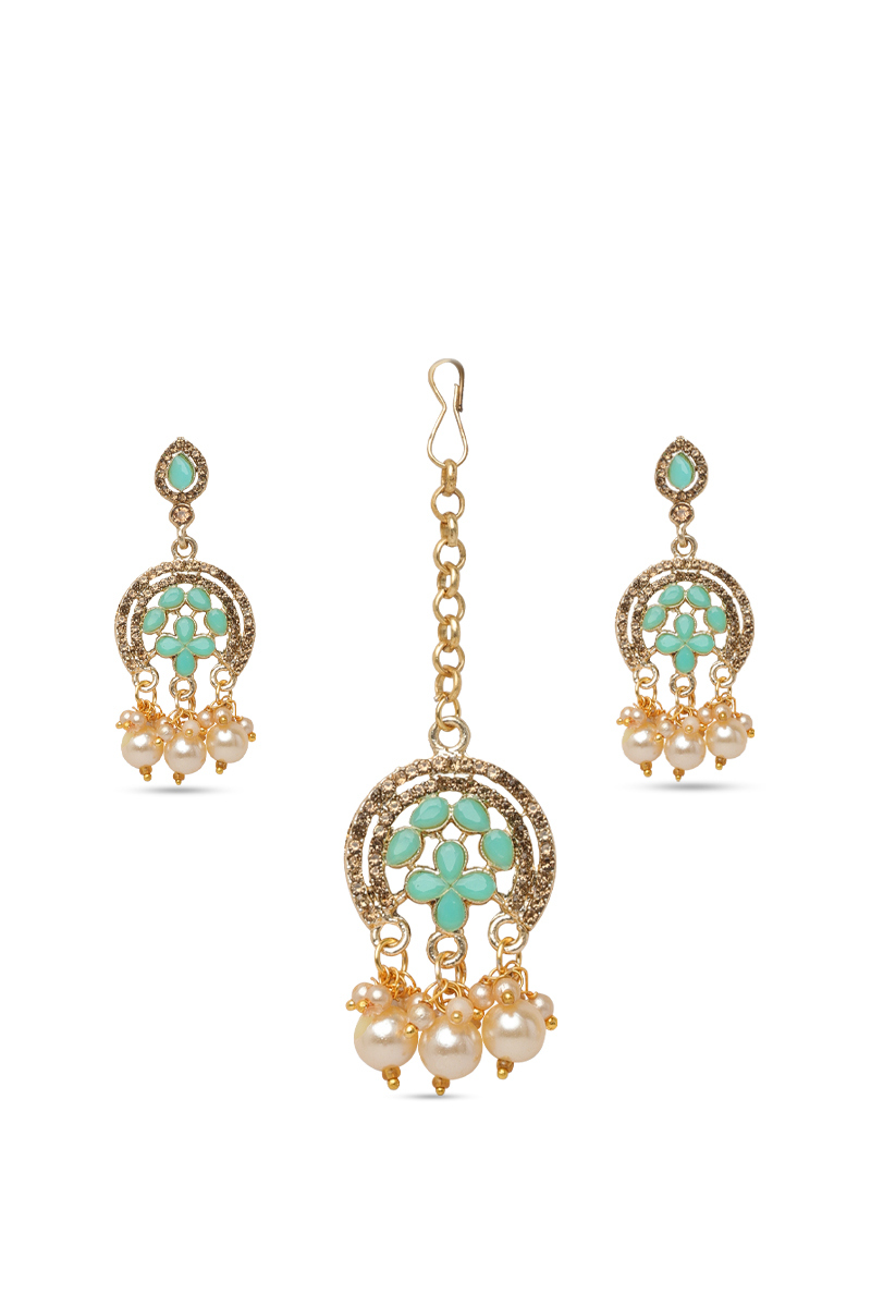 Turquoise Stone & Pearl Gold-Plated Chandelier Earrings with Mang Tikka