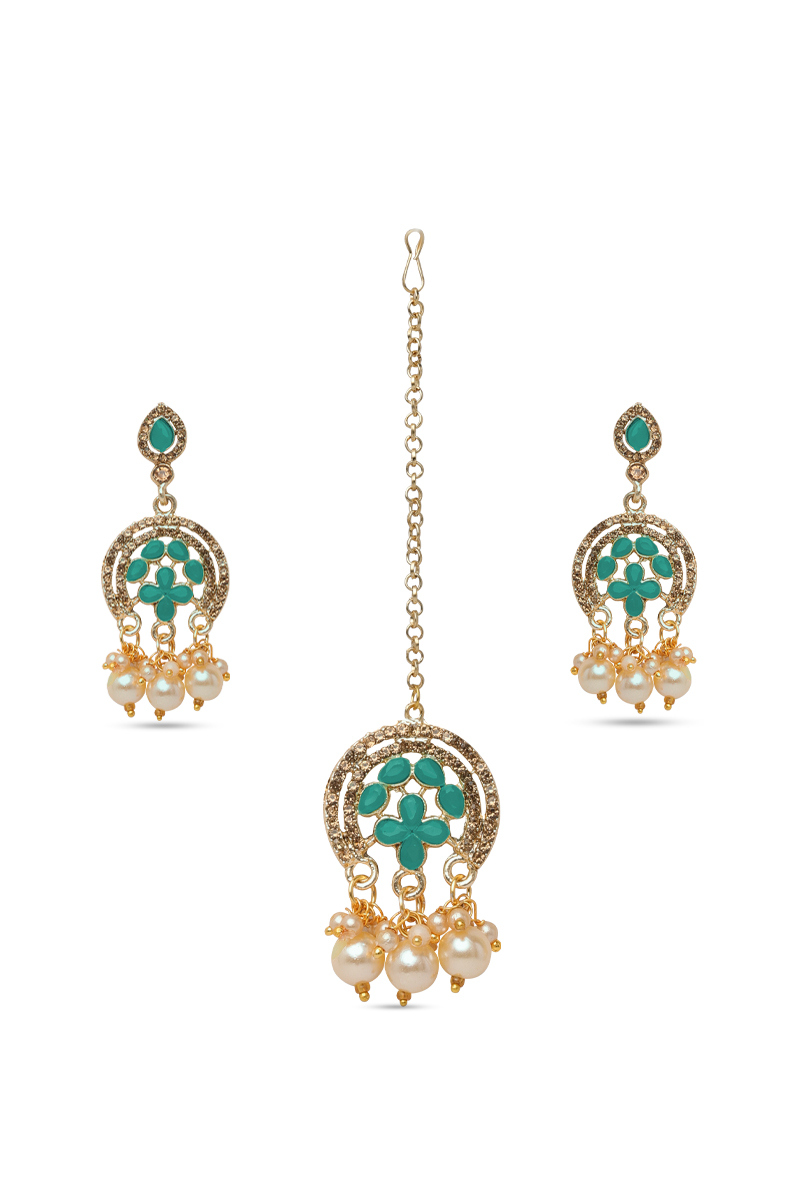 Green Stone Studded Drop Earrings With Maangtika