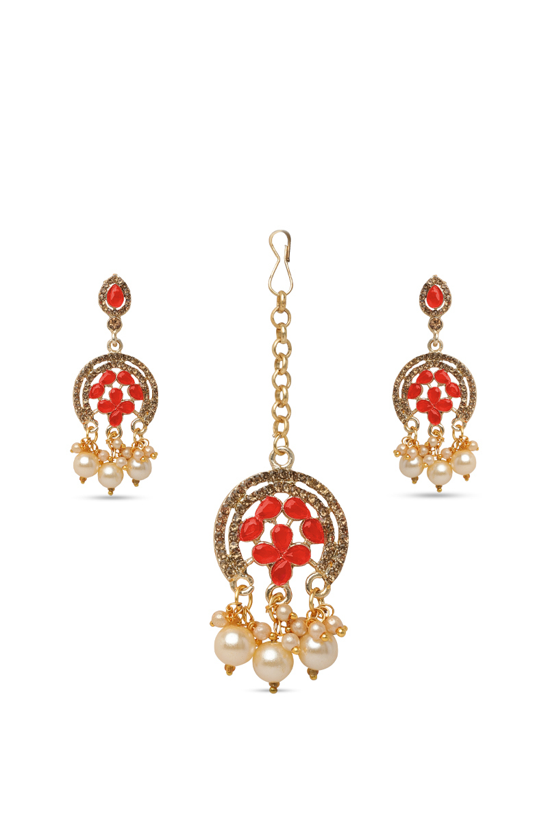 Orange Stone Studded Drop Earrings With Maangtika