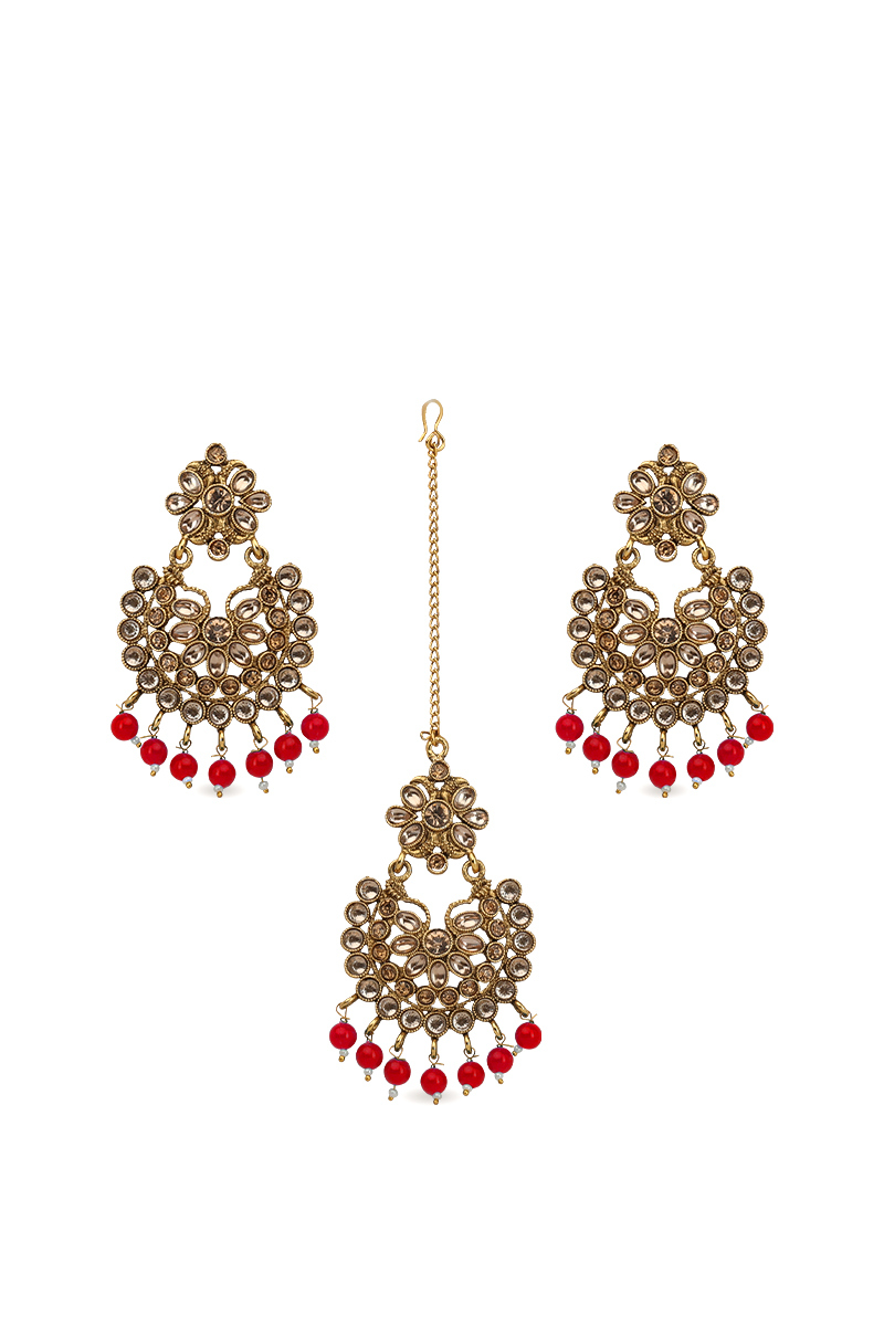 Stone Studded Red Pearls Chandbali Earrings With Maangtika