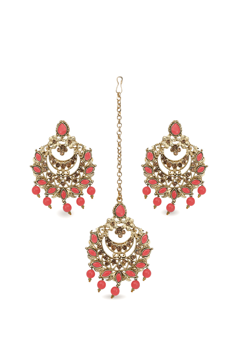 Elegant Chandbali Earring Set with Salmon Stones, Pearls & Maangtika