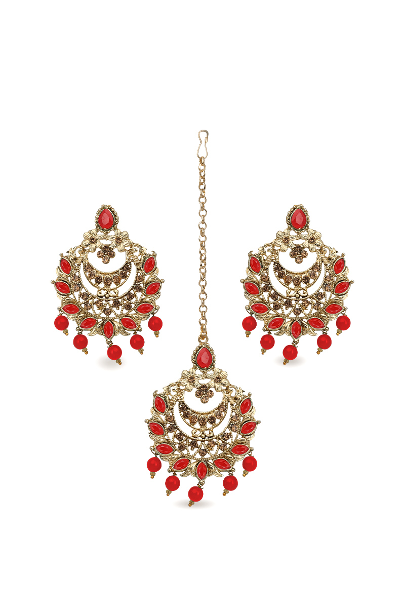 Red Stone Pearl Chandbali Earrings with Maang Tikka Set