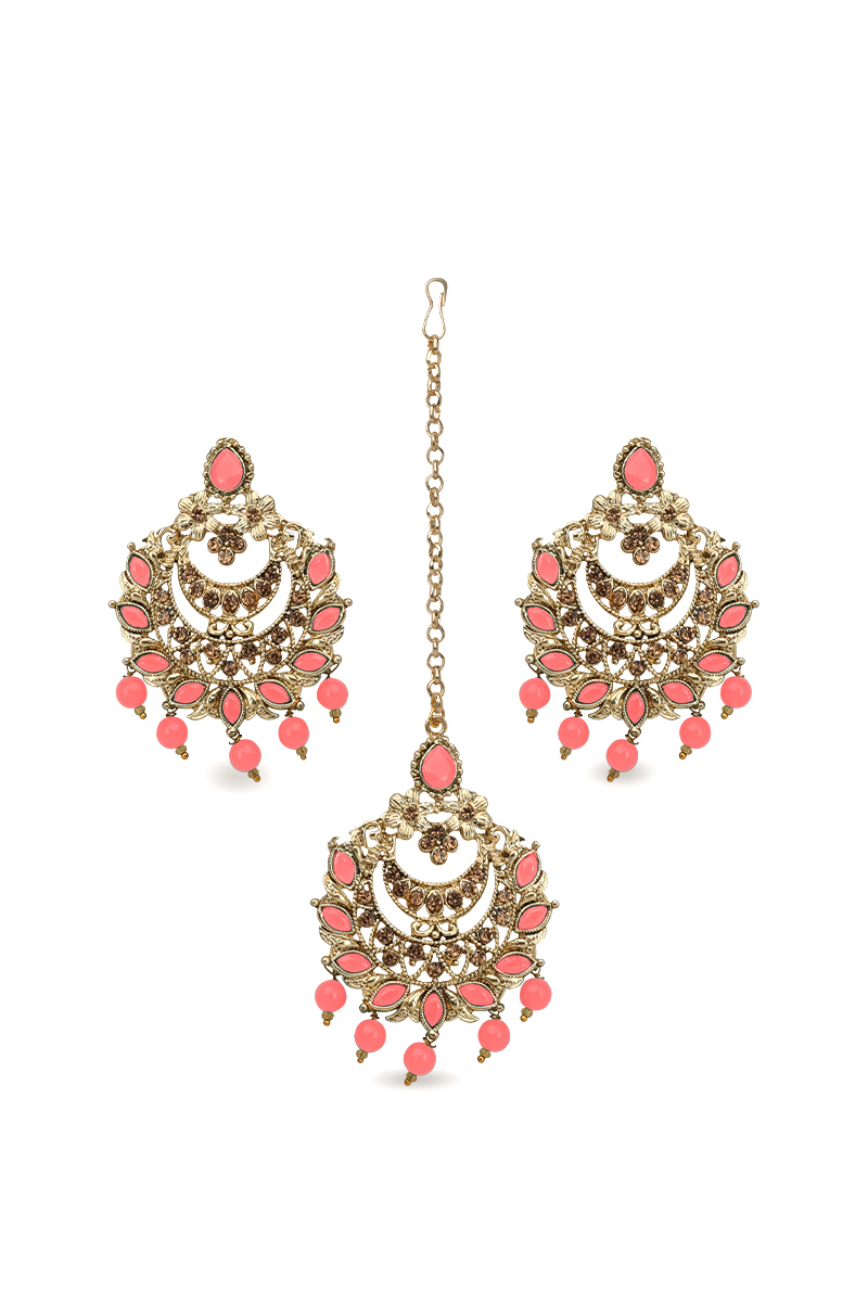 Salmon Pink Stone Pearl Chandbali Earrings with Maang Tikka Set