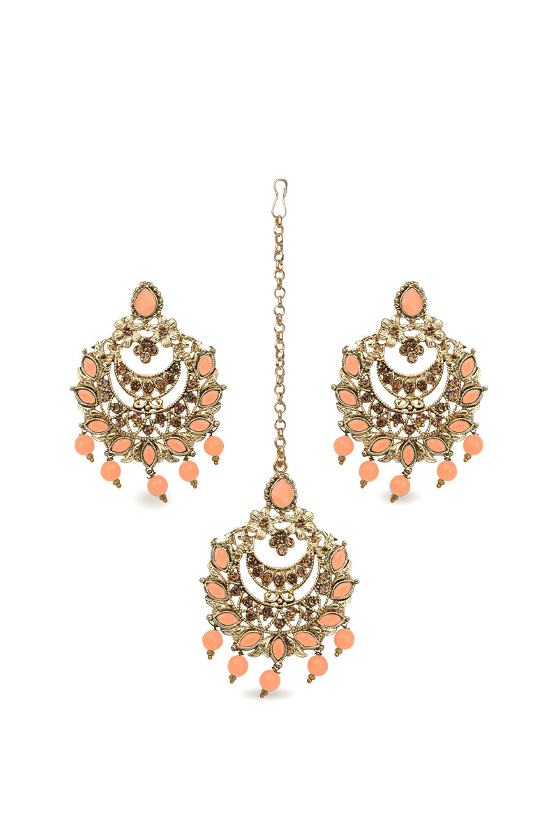 Peach Color Stone Pearl Chandbali Earrings with Maang Tikka Set