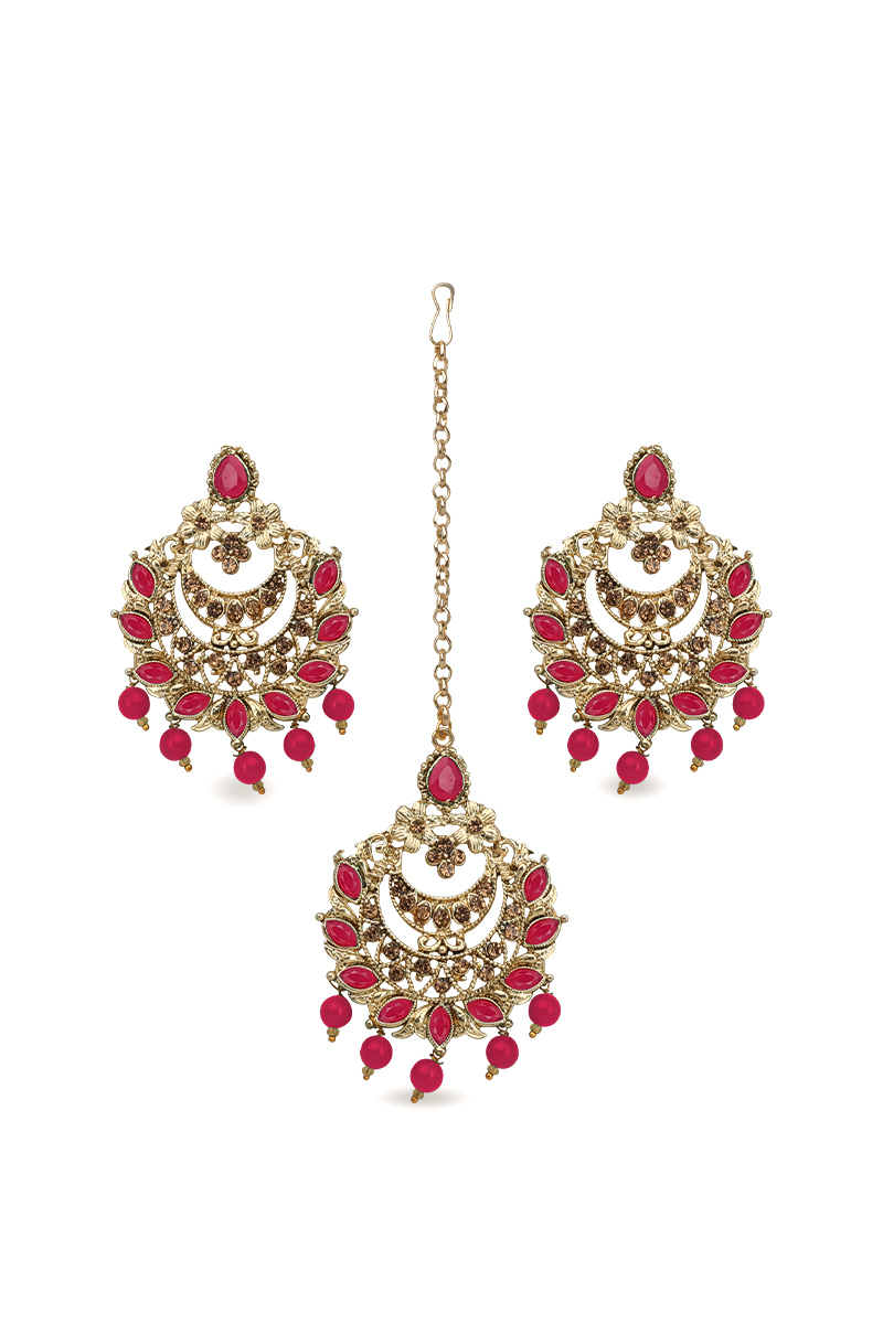 Ruby Pink Stone Pearl Chandbali Earrings with Maang Tikka Set