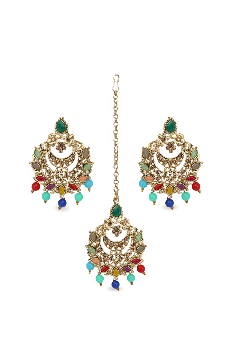 Multicolor Stone Pearl Chandbali Earrings with Maang Tikka Set