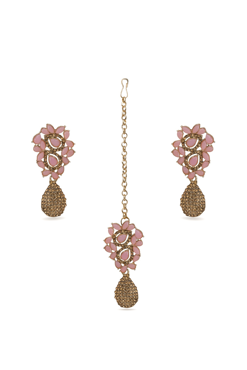  Gold Plated Stone Studded Earrings with Maangtika Set