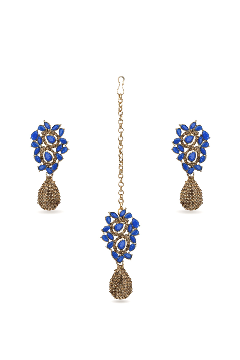 Royal Blue and Gold Color Stone Studded Earrings with Maangtika