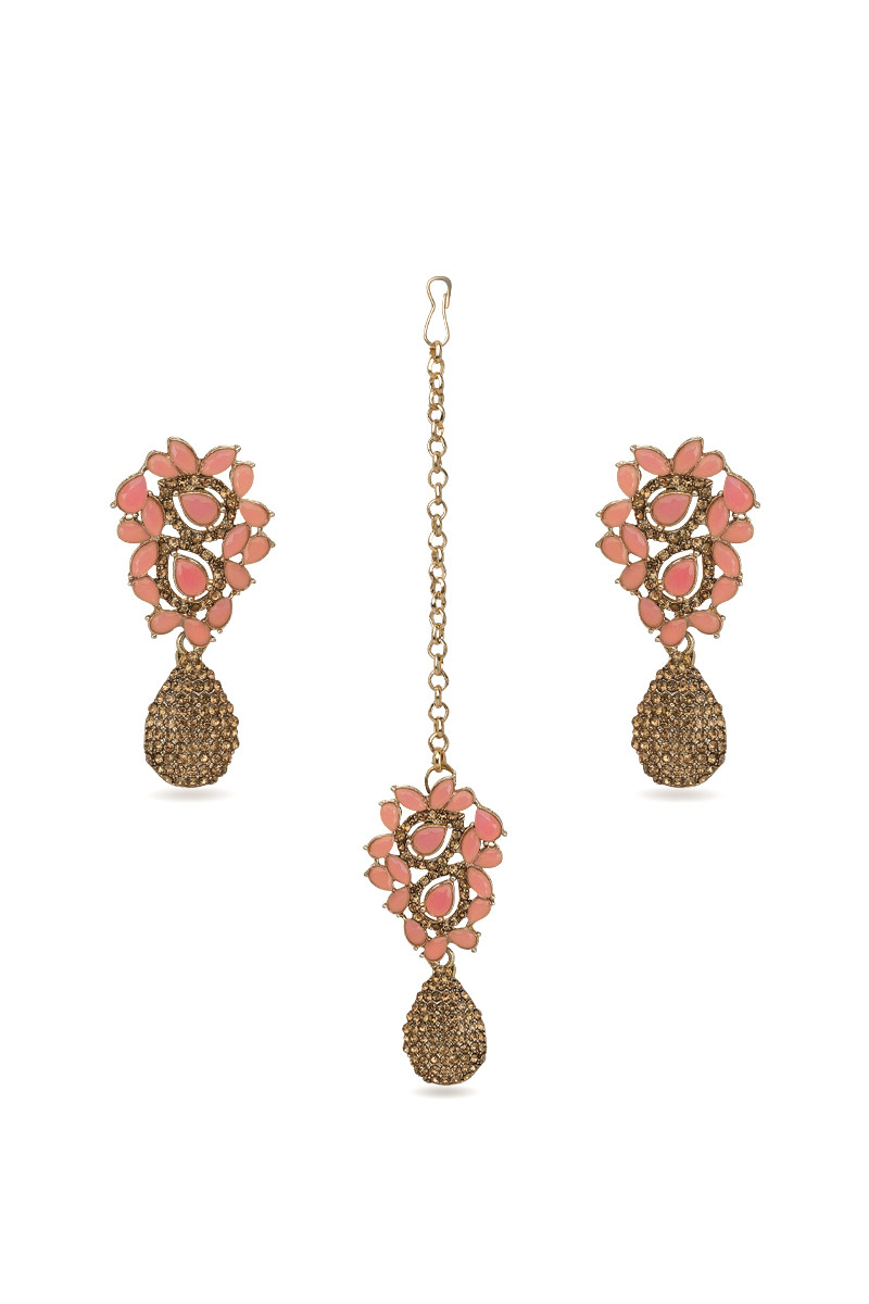 Stone Studded Golden and Salmon Pink Earrings with Maangtika