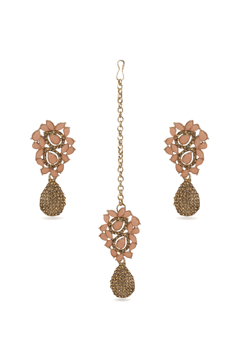  Peach and Gold Color Stone Studded Earrings with Maangtika