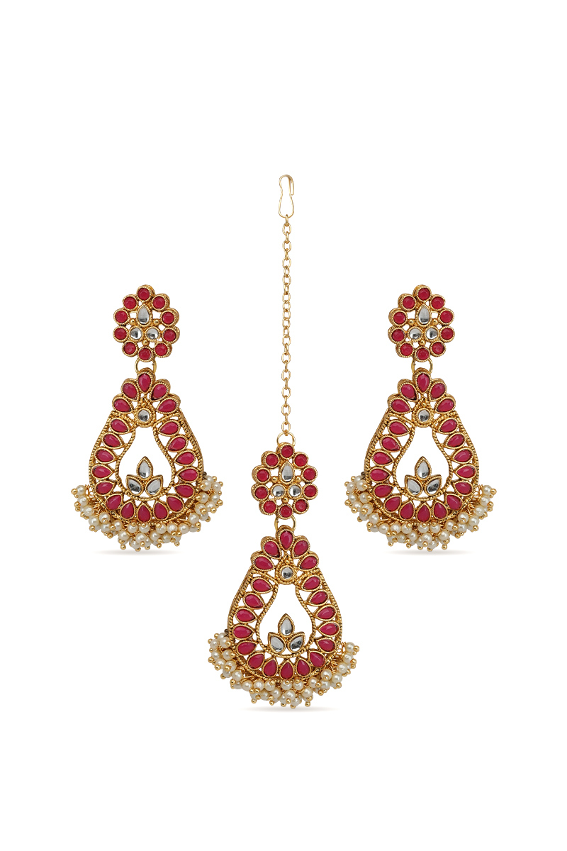 Dark Pink Stone Studded Cream Beads Earrings With Maangtika