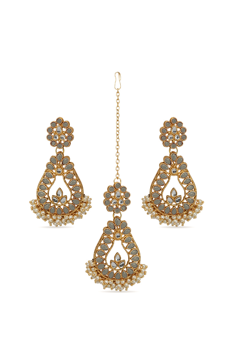  Stone Studded Drop Beads Earring with Maangtika