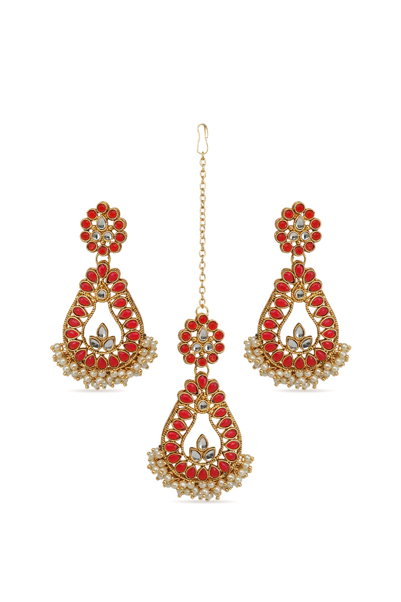  Stone Studded Drop Bead Earrings with Maangtika