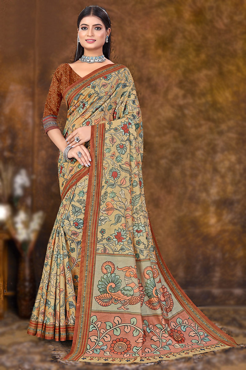 Code:1002186 - Price INR:4300/- , Kalamkari Printed Chanderi Saree With  Banarasi Woven Border. | Casual saree, Elegant saree, Saree designs